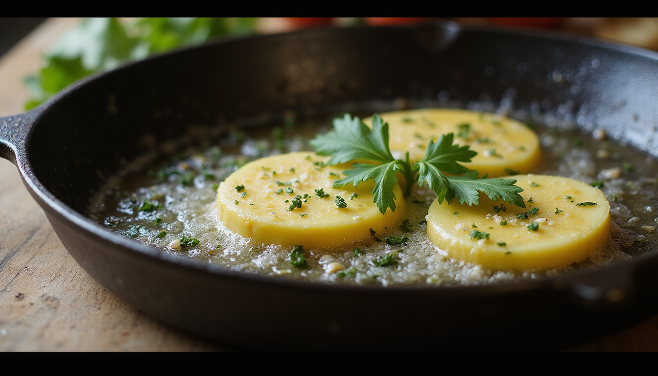 Sizzling cast-iron pan, garlic butter bubbling, fresh herbs, cinematic close-up, rich warm tones