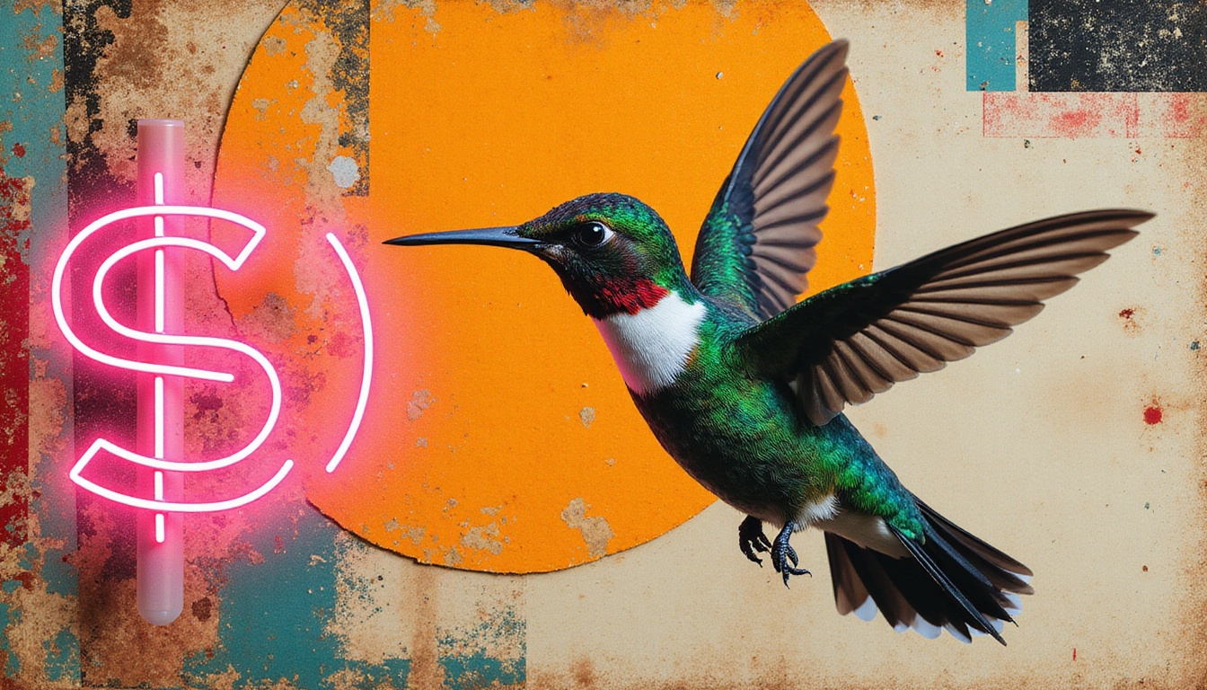  Surreal collage: hummingbird carrying neon symbols, layered textures, bold typographic negative space