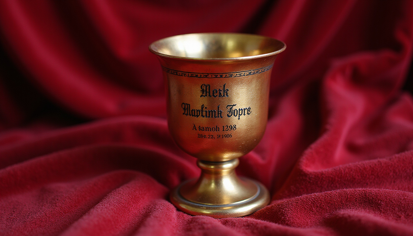  Heirloom kiddush cup on velvet, soft patina, engraved dates and family names, soft glow