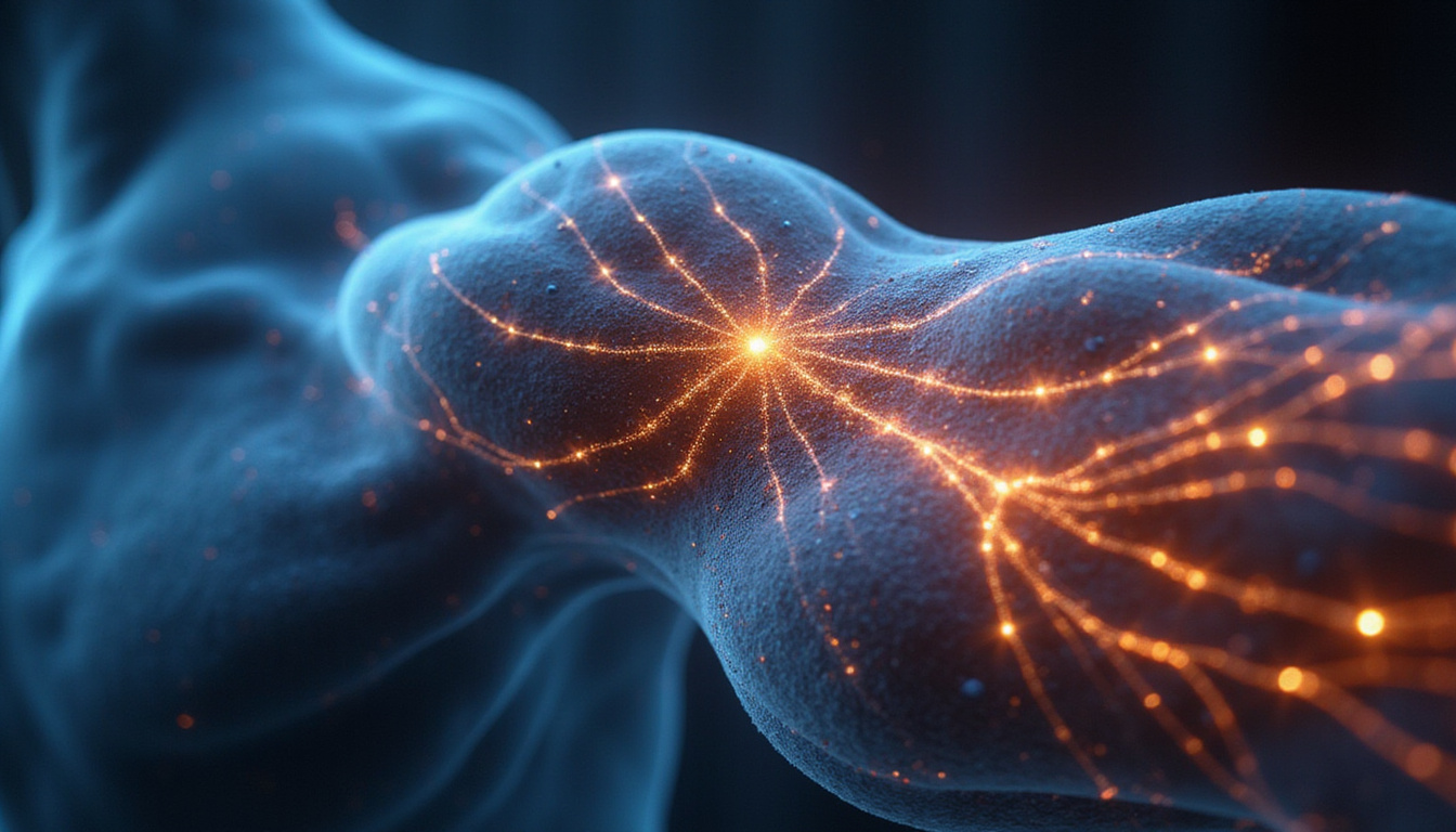 Close-up biomechanical visualization of muscle fibers contracting, glowing strength gains, blue-orange contrast