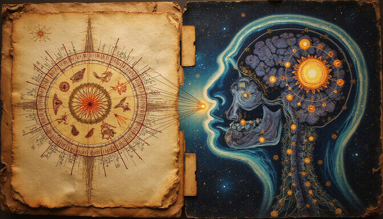 Ancient astrology manuscript merging with modern medical scan, cosmic threads connecting body points, warm tones