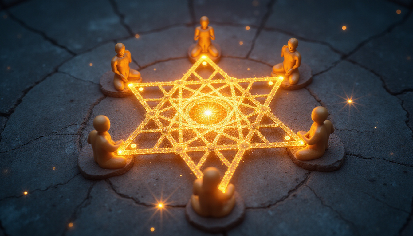 Sacred five-point geometry glowing gold, people collaborating at nodes, productivity icons floating