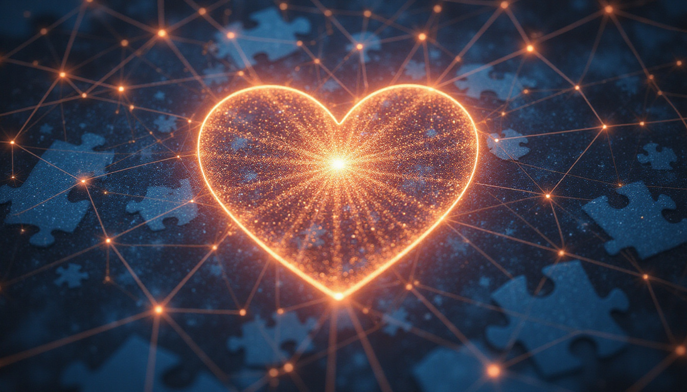 Holographic heart puzzle overlaid with data charts, golden threads connecting compatible souls
