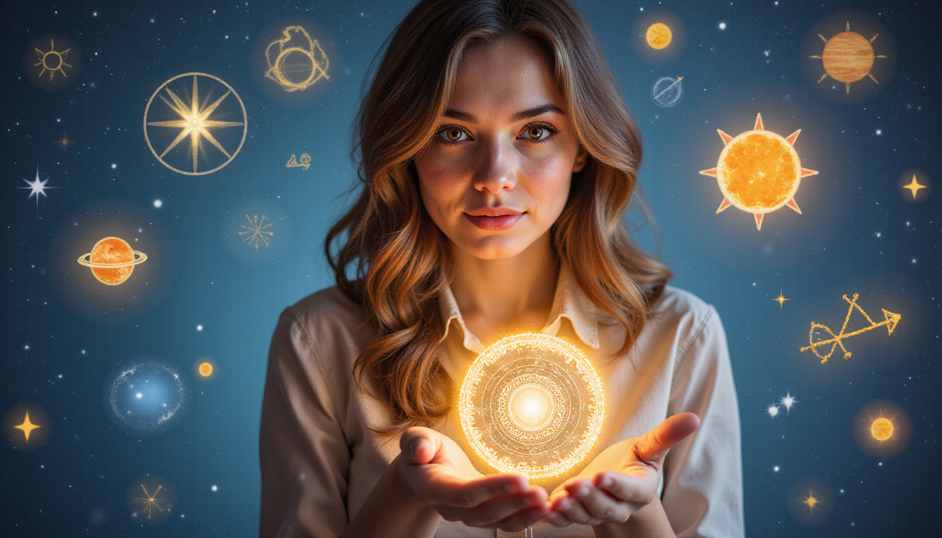  Young professional surrounded by career and love icons, astrological wheel, cosmic light guidance