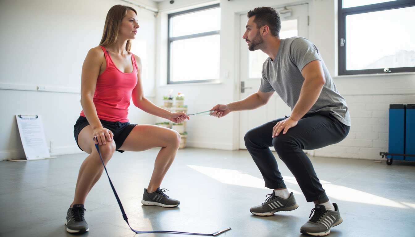  Physical therapist demonstrating eccentric squat with resistance band, anatomical knee overlay, return-to-play plan clipboard
