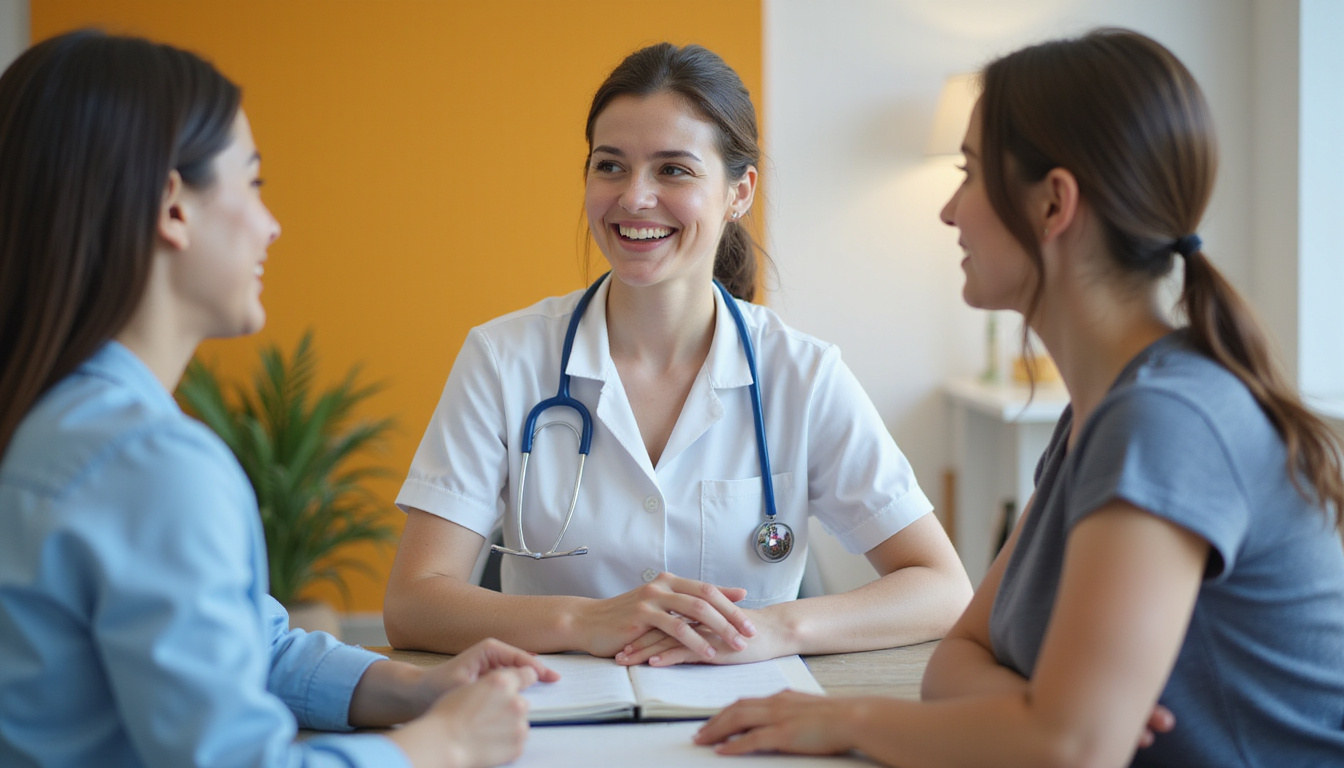  Job interview scene: smiling assistant demonstrating manual therapy technique, interviewer taking notes, focused