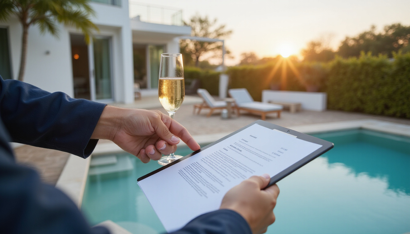 Close-up handshake over rental contract, luxury villa terrace, champagne, modern tablet showing listings