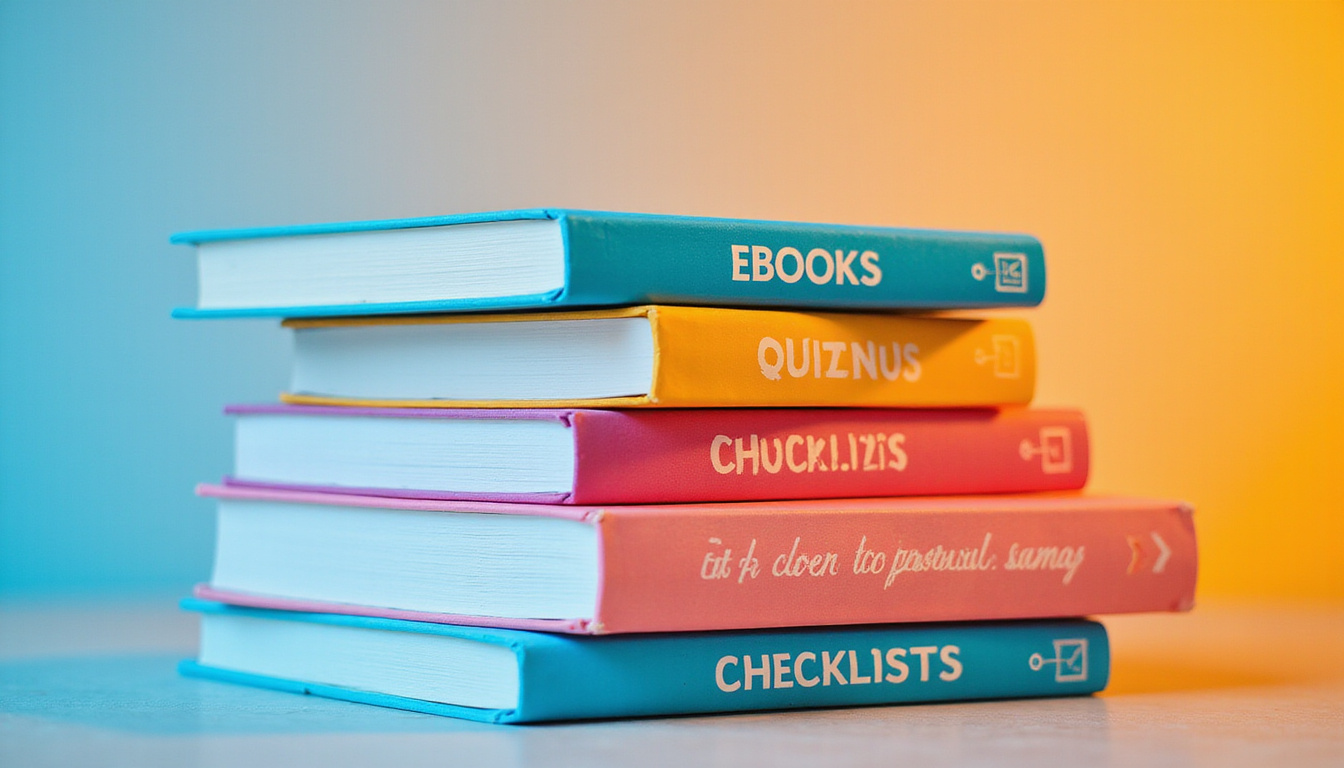 Stack of creative lead magnets ebook quizzes checklists transforming curious visitors into smiling customers