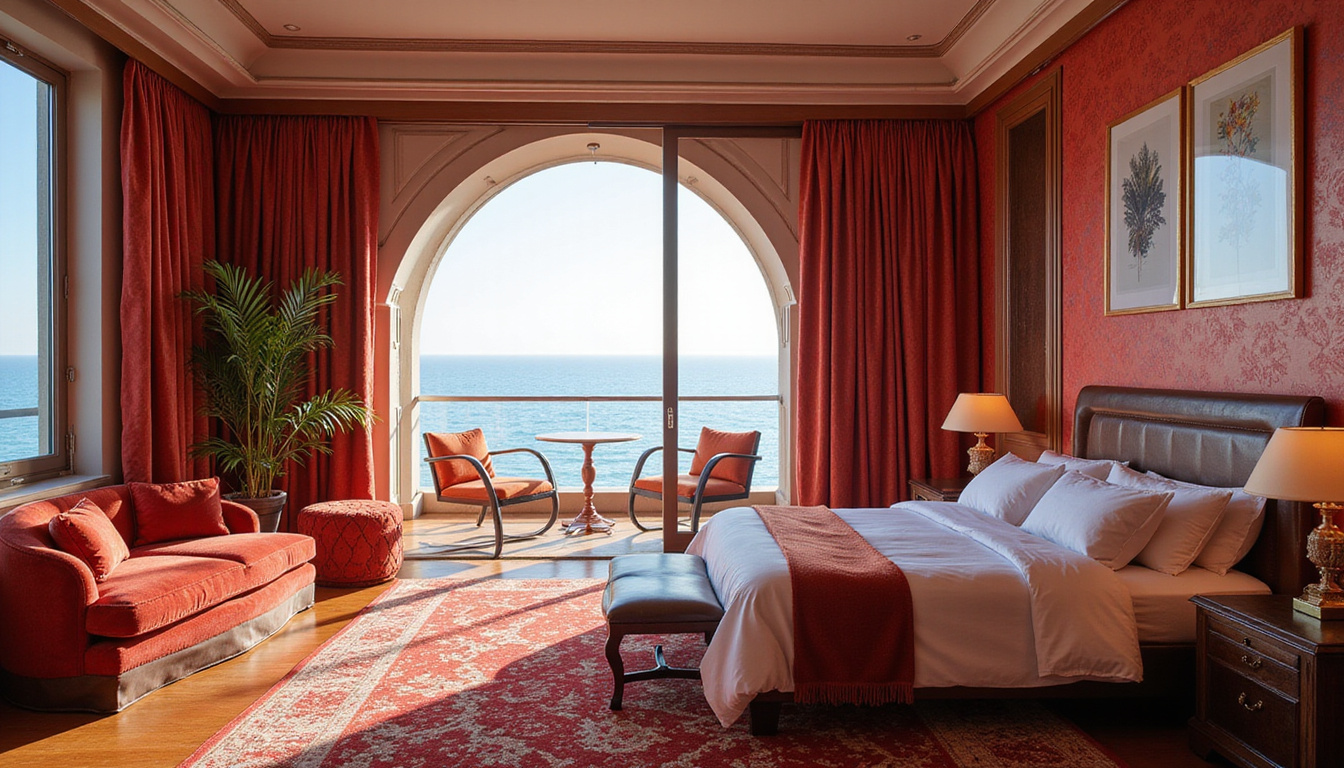  Opulent Arabic modern hotel room floor to ceiling windows sea view plush velvet furnishings photorealistic