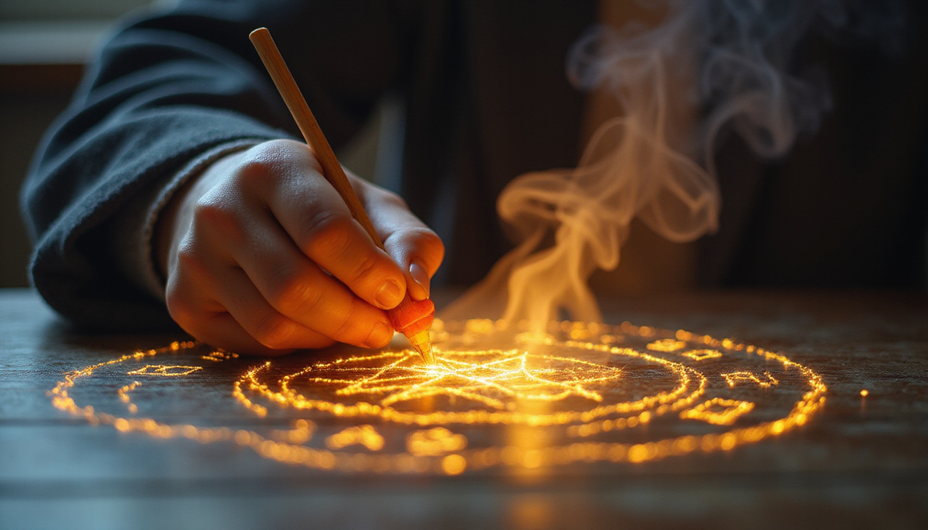  Person tracing luminous runes with fingertips, golden sigils rising, incense smoke swirling