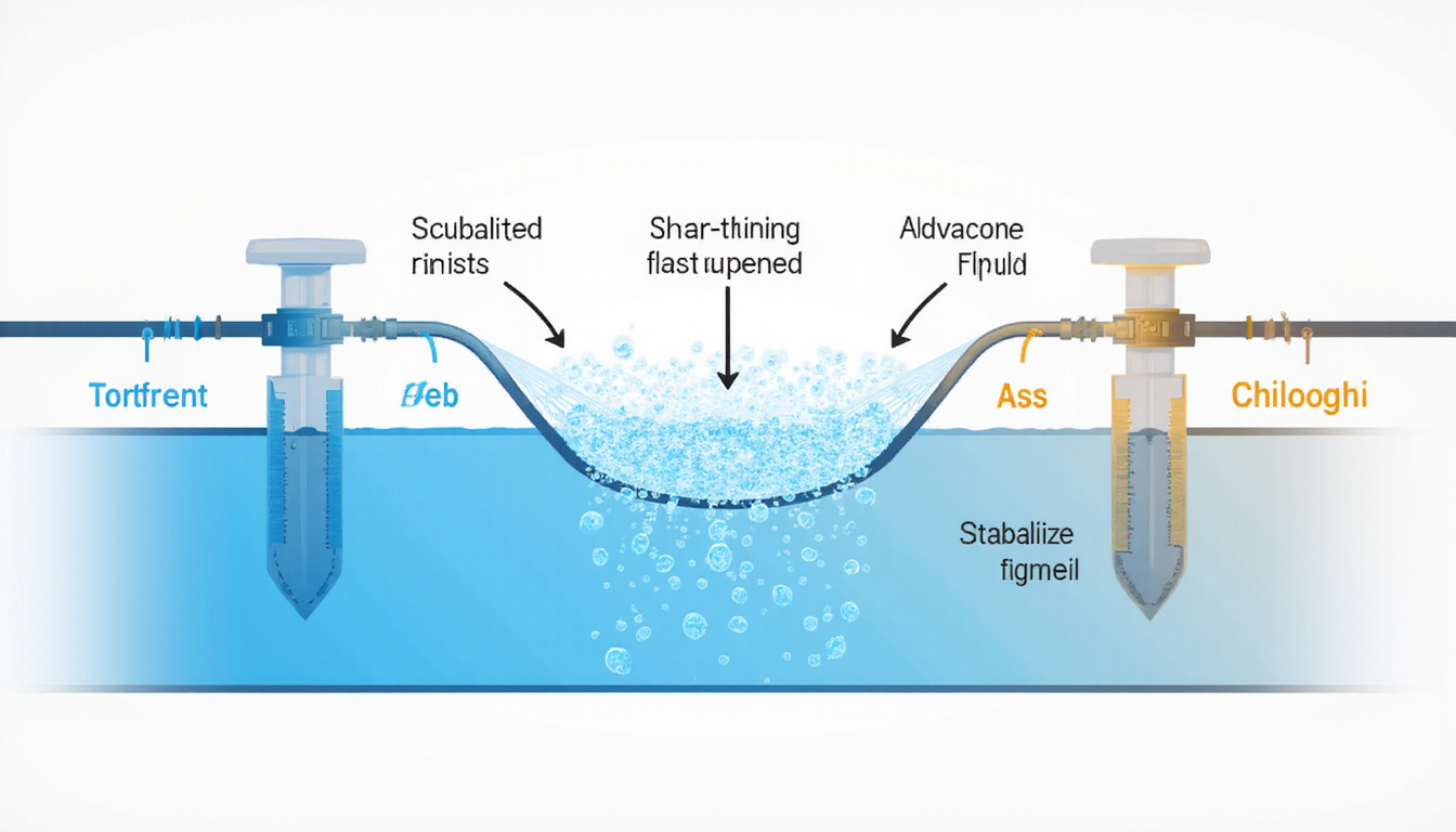  Cross-section of pipeline with shear-thinning fluid, stabilized droplets, dynamic arrows, scientific infographic style