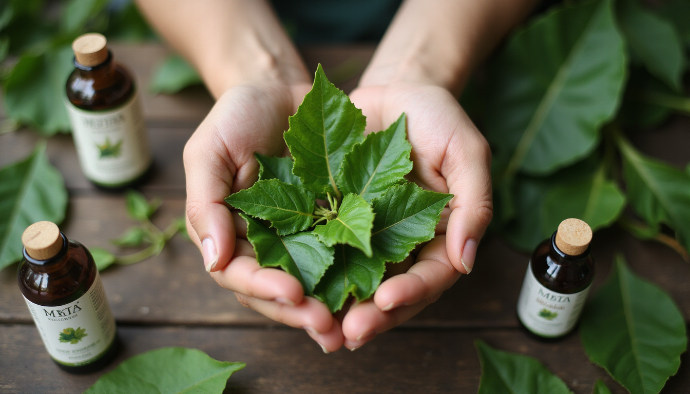  Hands holding glossy green betel leaves, Ayurvedic labels, remedy bottles, soft bokeh background