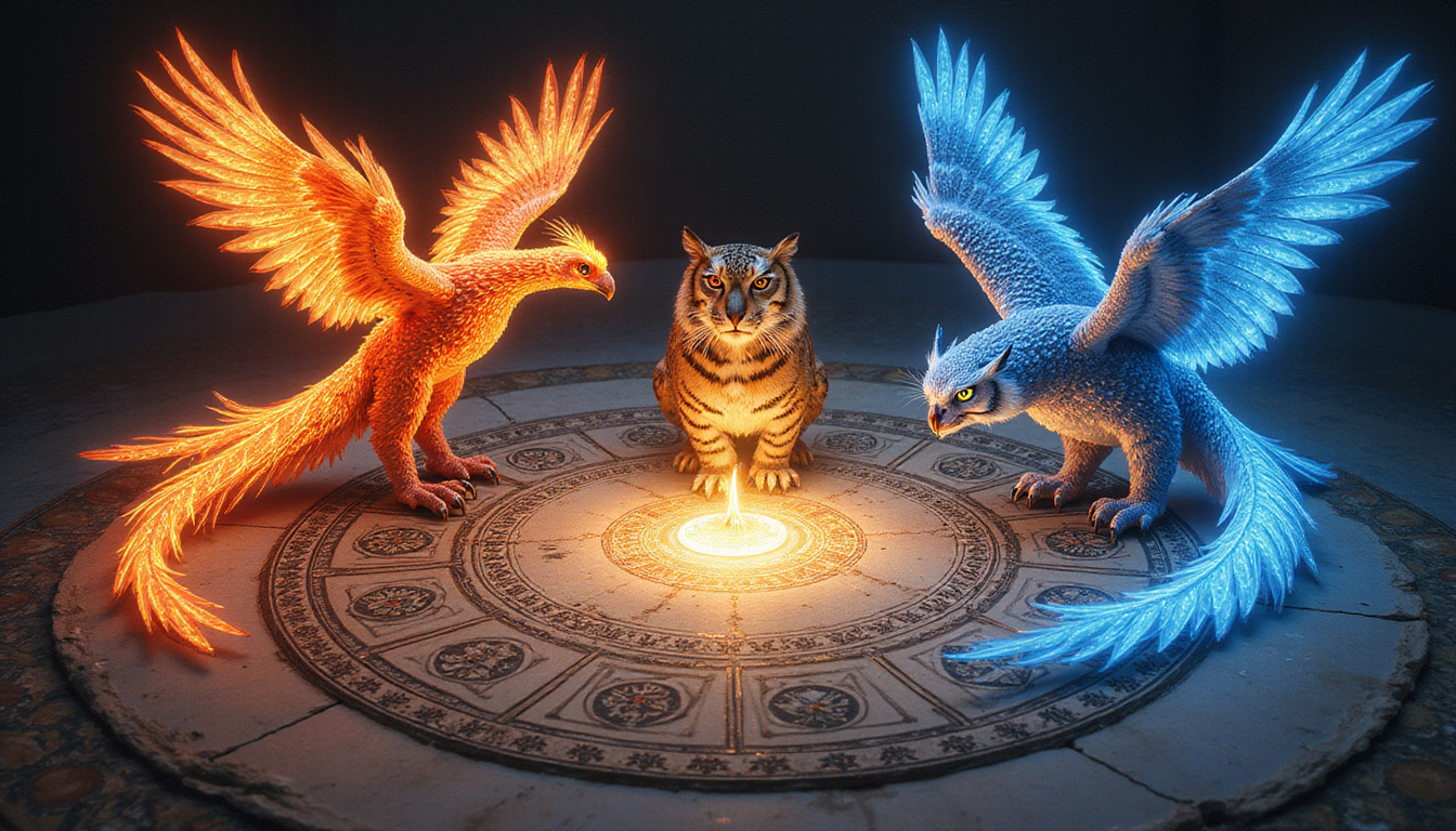  Luminescent phoenix, wise owl, and sacred tiger encircling a glowing map, ritual symbols, ornate patterns