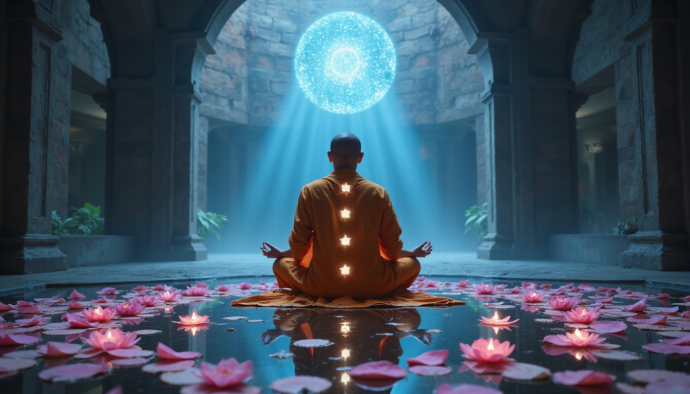  Monk performing mirror ritual, mirrored pool, chakras aligned, ethereal light, lotus petals swirling