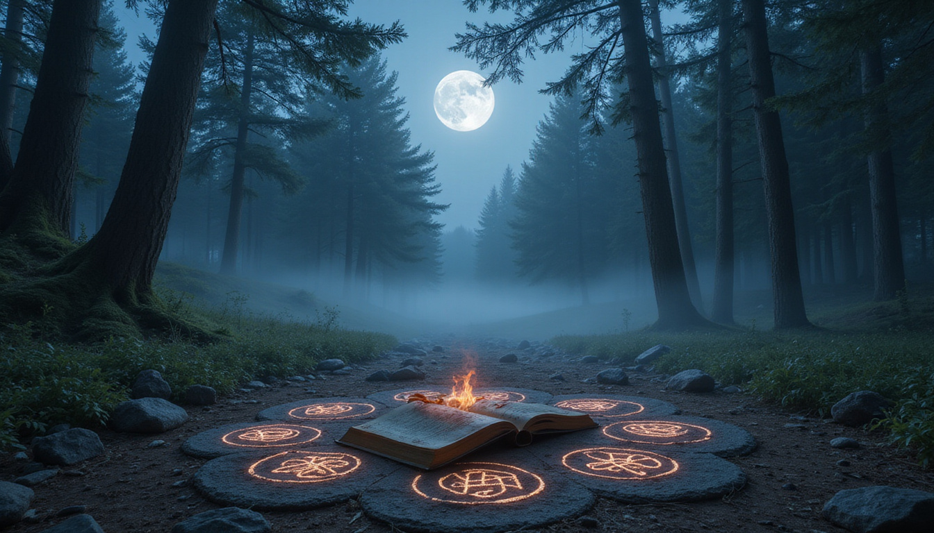  Moonlit forest clearing with talismans, chalk circles, grimoire open, glowing sigils, misty atmosphere