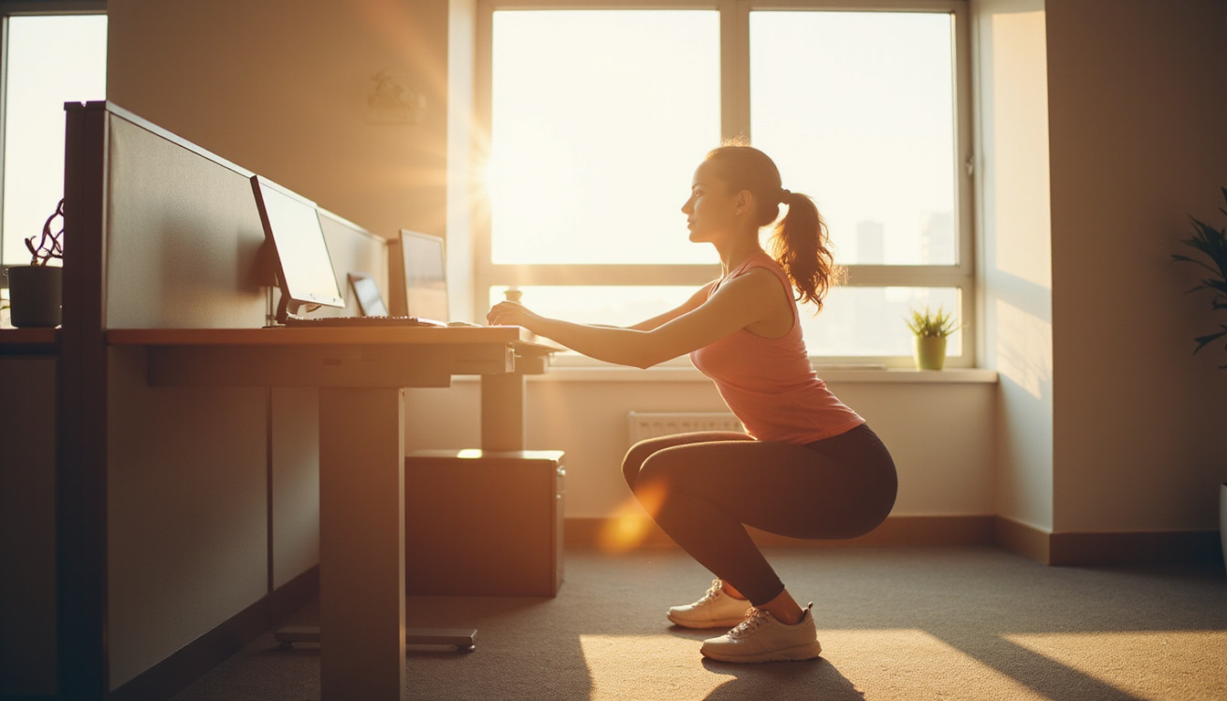 Sunlit cubicle, person performing standing desk squats, playful motion blur, healthy transformation, confident smile