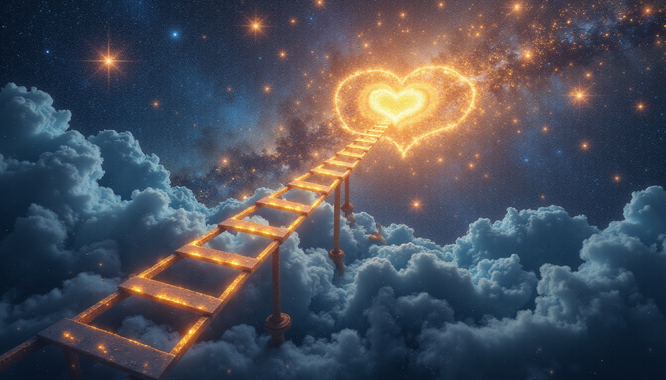 Dreamy cosmic background, chameleon-like person shifting roles, ladder of growth, golden heart constellation