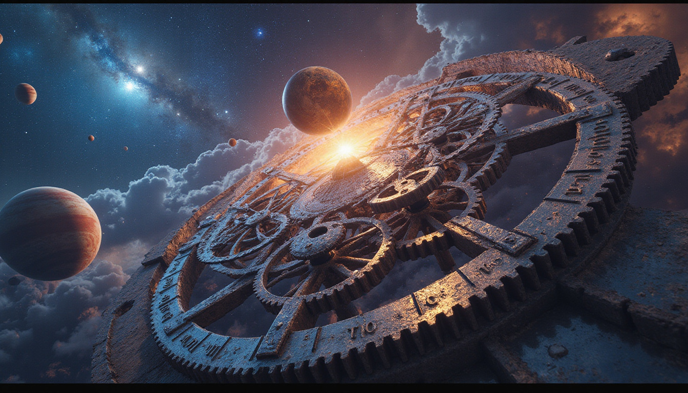Surreal cosmic clockwork: tilted planets on gears, hidden currents, luminous gravitational waves