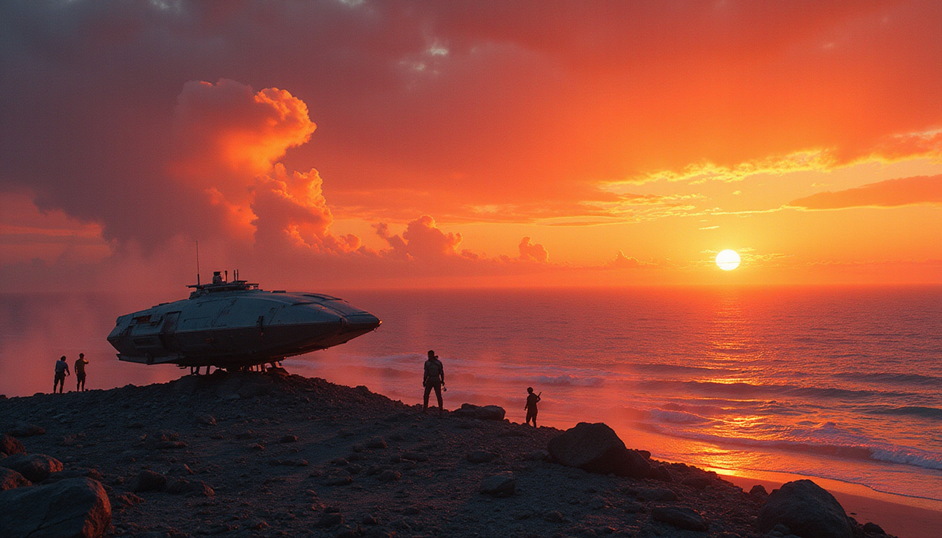 Alien horizon with burning sky, charred oceans steaming, scientists observing from armored probe