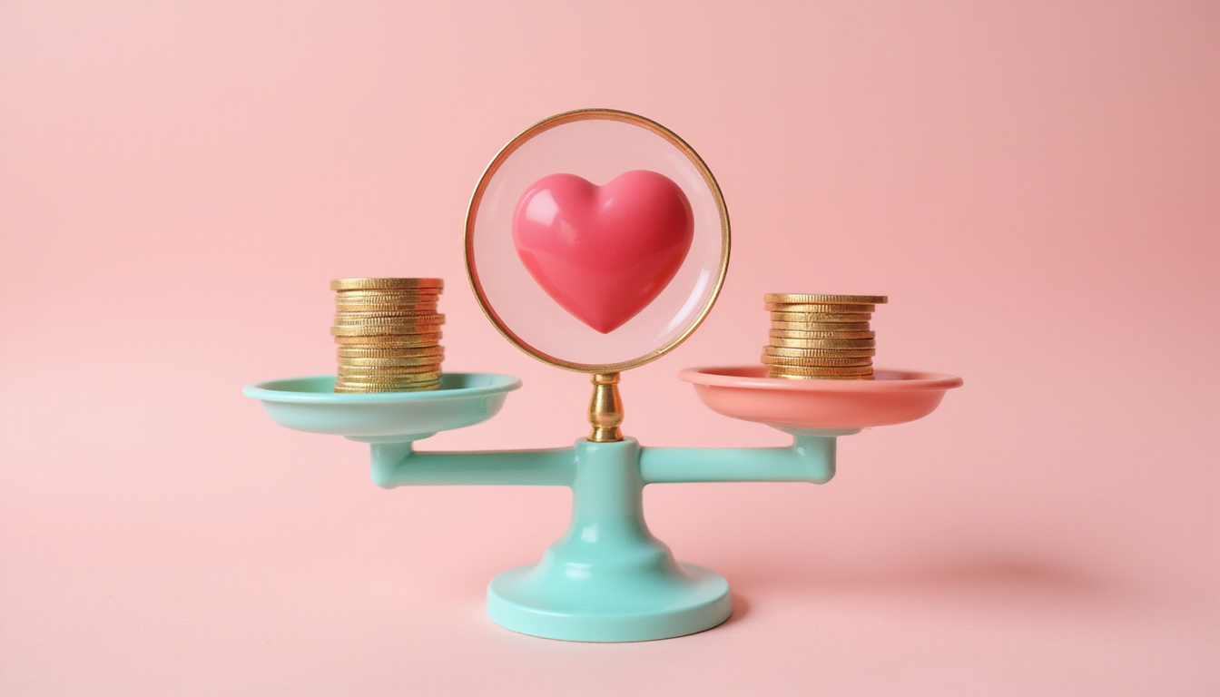 Scales balancing heart and stack of coins, magnifying glass overlay, soft pastel background