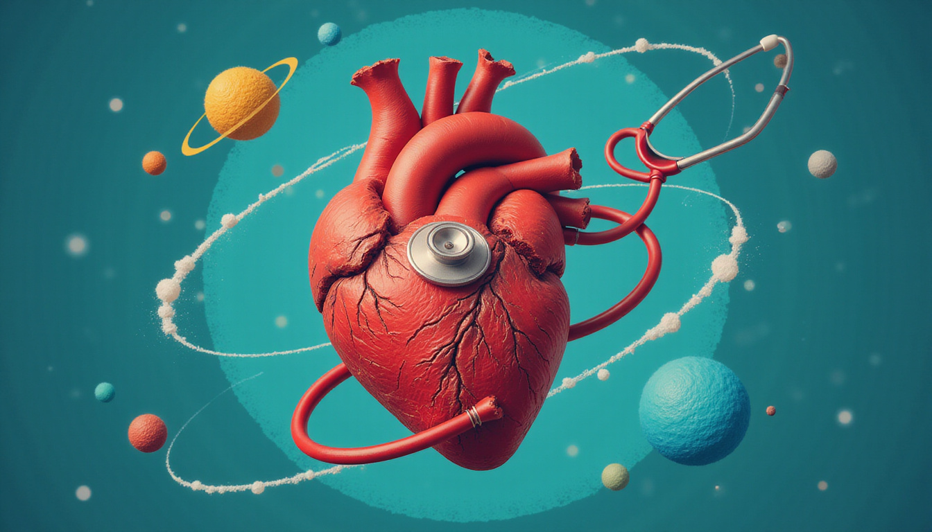 Broken heart and stethoscope entangled in retrograde planetary orbits, cosmic gears misaligned, moody teal