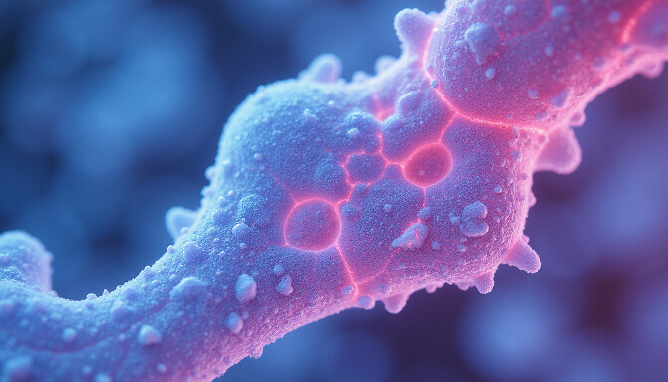  Macro-to-microscopic split image: microfragmented fat cells repairing cartilage, cellular regeneration, vibrant blue-pink contrast