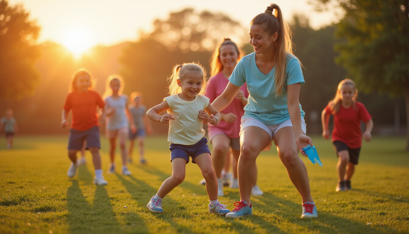 Outdoor training with smiling children doing agility drills, physiotherapist applying kinesio tape, vibrant sunrise