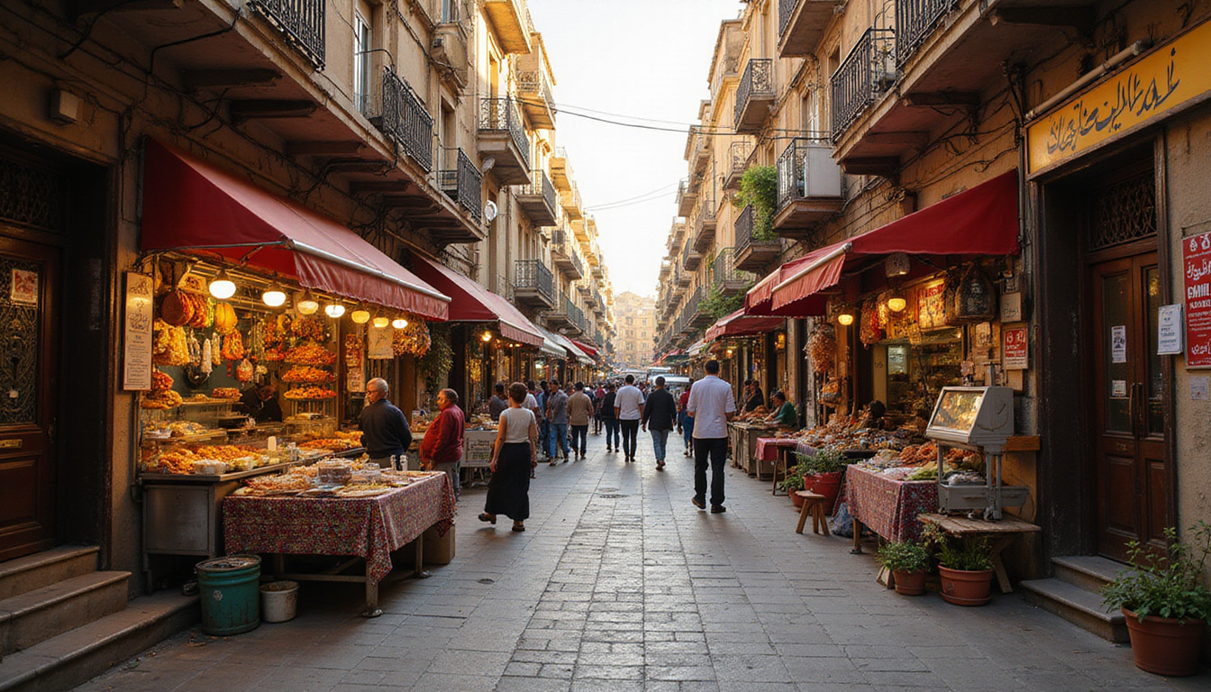 Narrow Cairo lane, colorful food stalls, locals bargaining, ornate balconies, warm golden light
