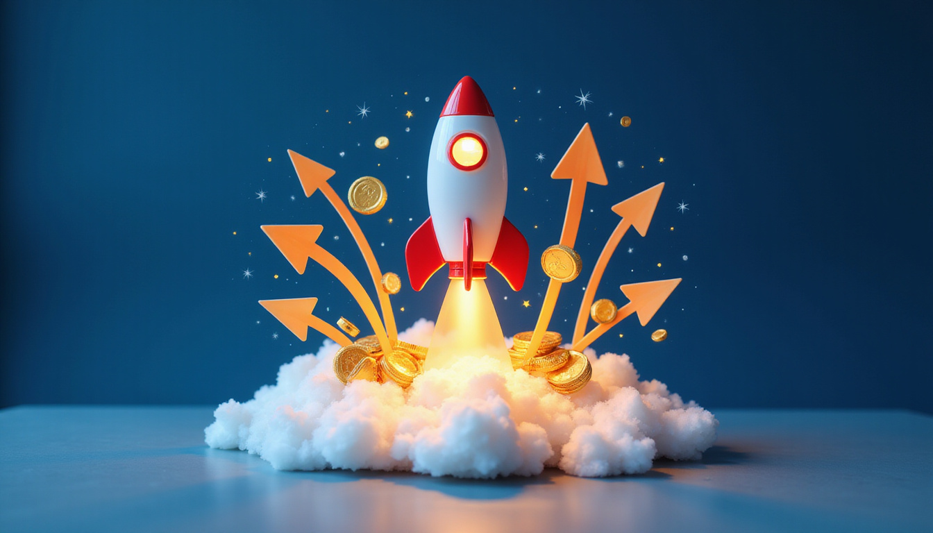 Speedy rocket launching from conversion funnel, golden coins raining, upward arrows, futuristic data overlays