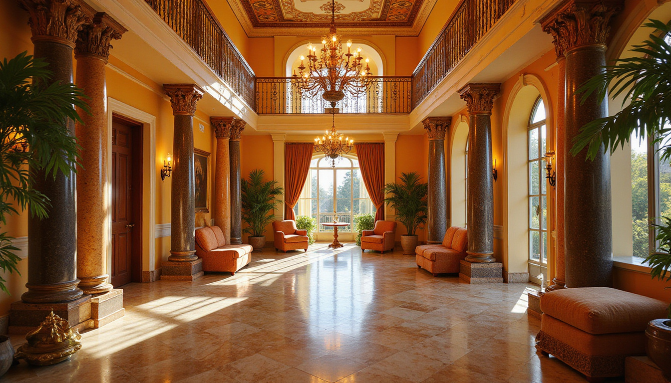  Opulent hotel suite with ornate Egyptian motifs, marble columns, Nile balcony, candlelit chandeliers