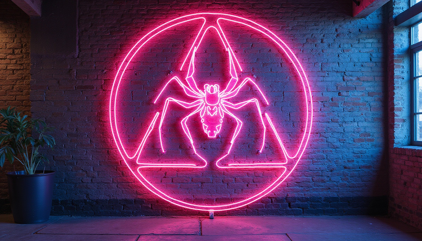 Neon triskelion mural on urban brick wall, modern revival, glowing street art energy