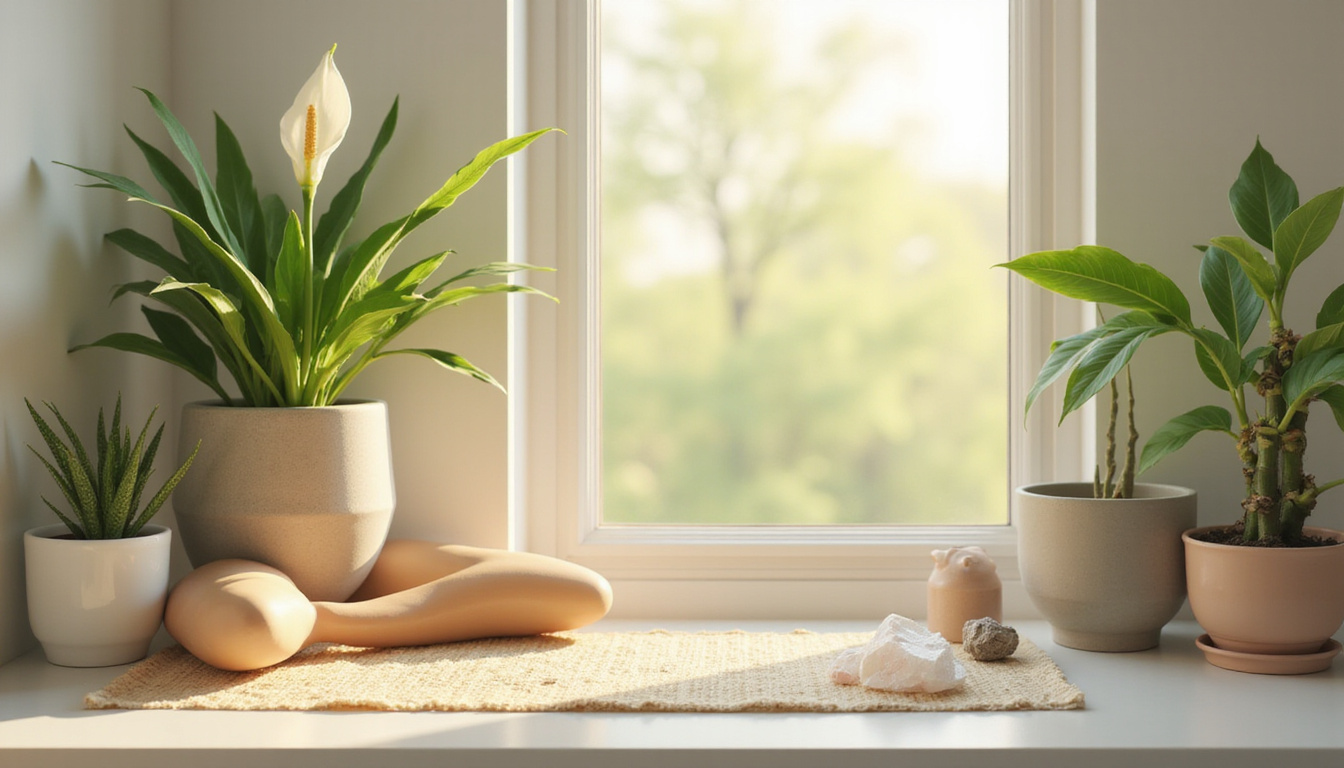  Serene meditation corner with peace lily, snake plant, lucky bamboo, crystals, warm morning light
