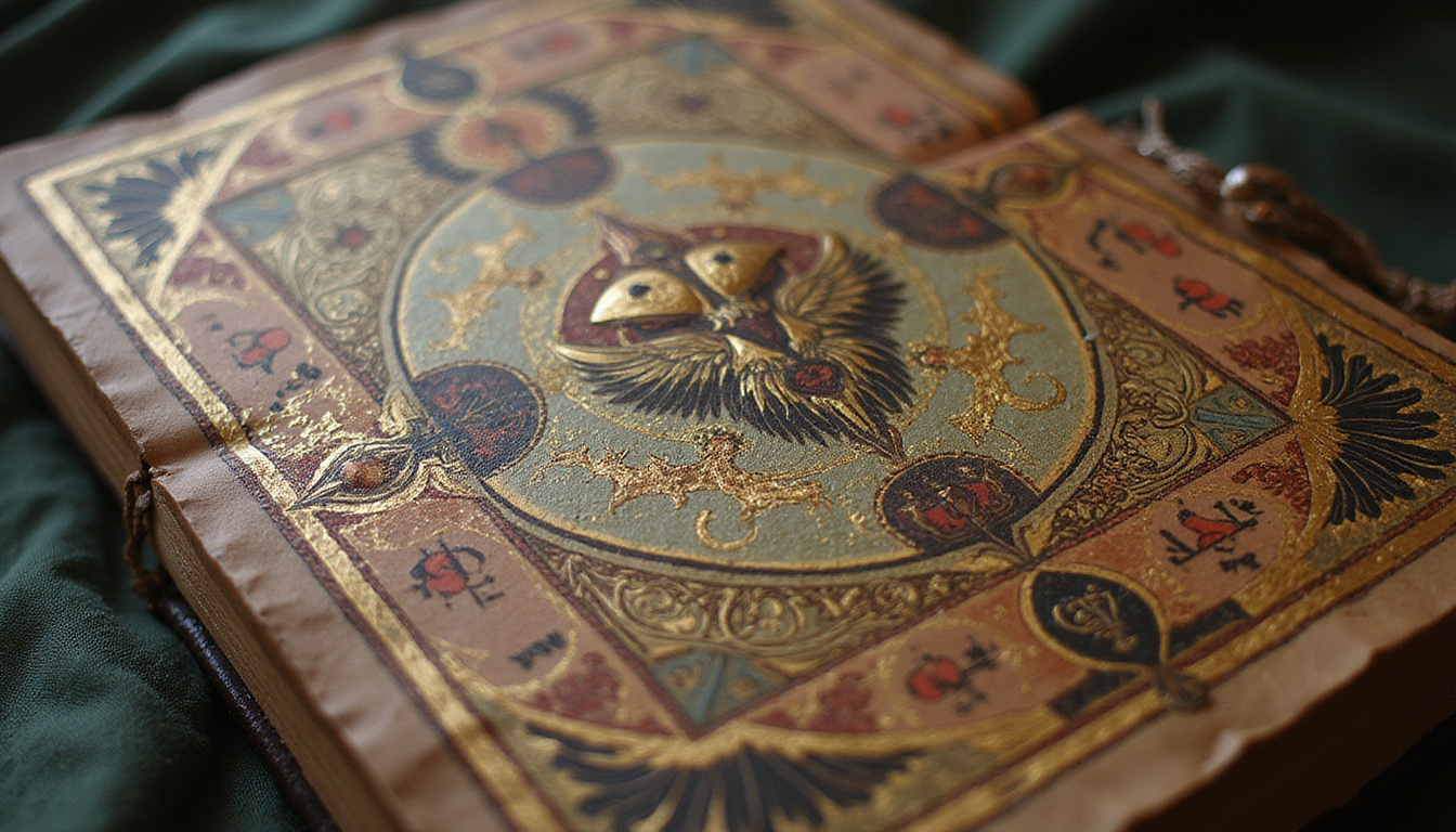  Vintage occult manuscript illuminated with animal sigils, gold leaf, ritual diagrams and smoky candlelight