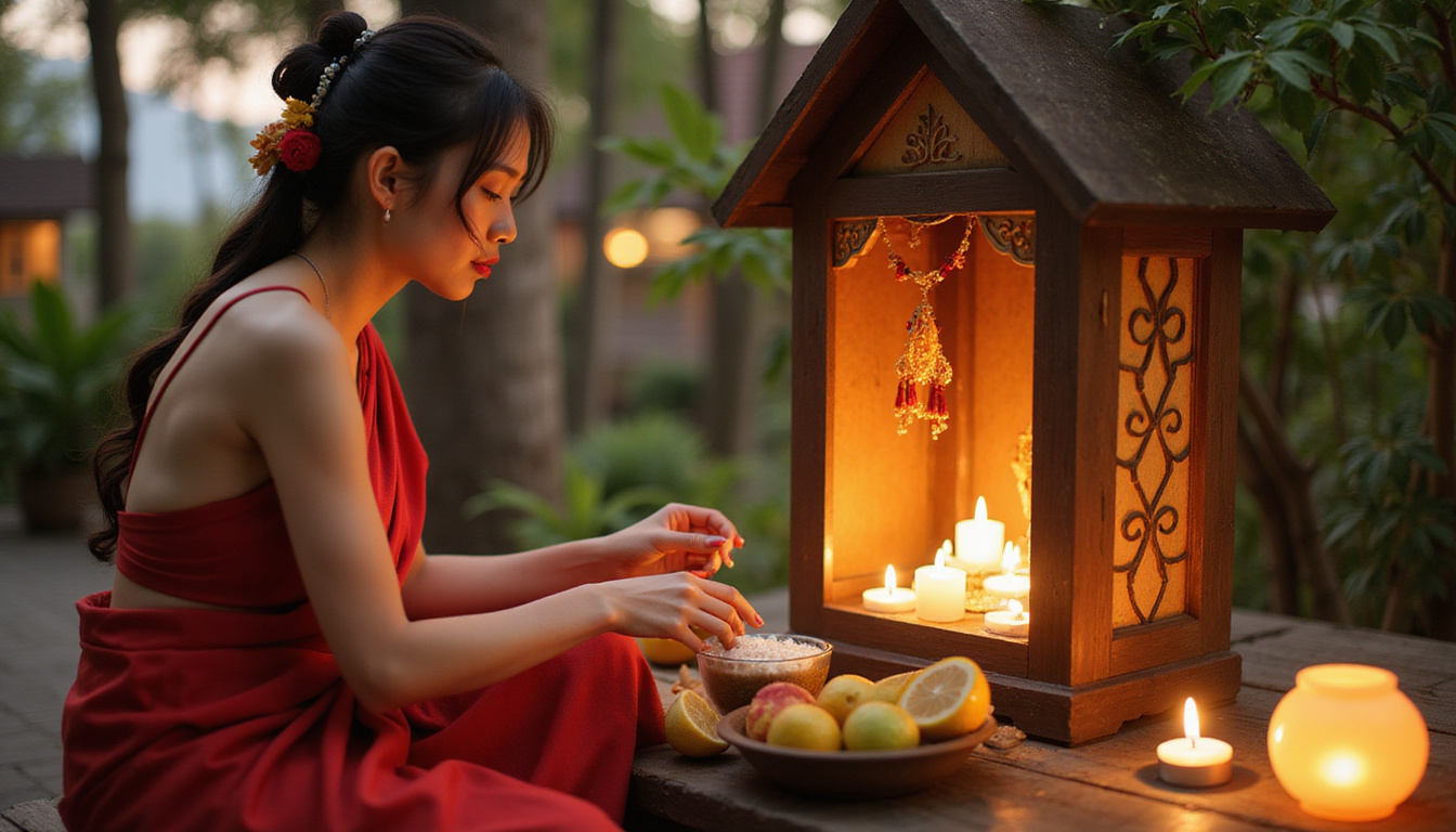  Woman in traditional dress placing fruit and rice at miniature shrine, candles, reverent evening light