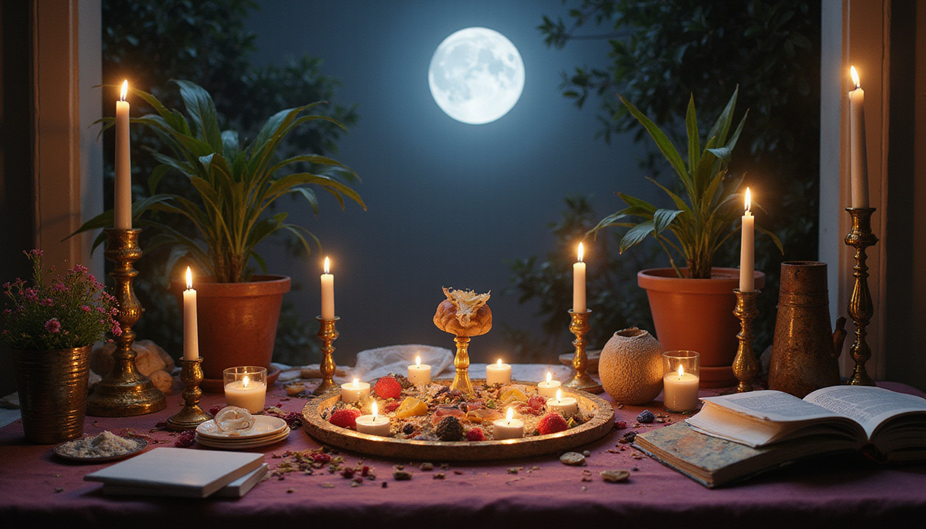  Modern reinterpretation: urban altars, diverse practitioners studying rituals, books, smartphones, soft moonlight
