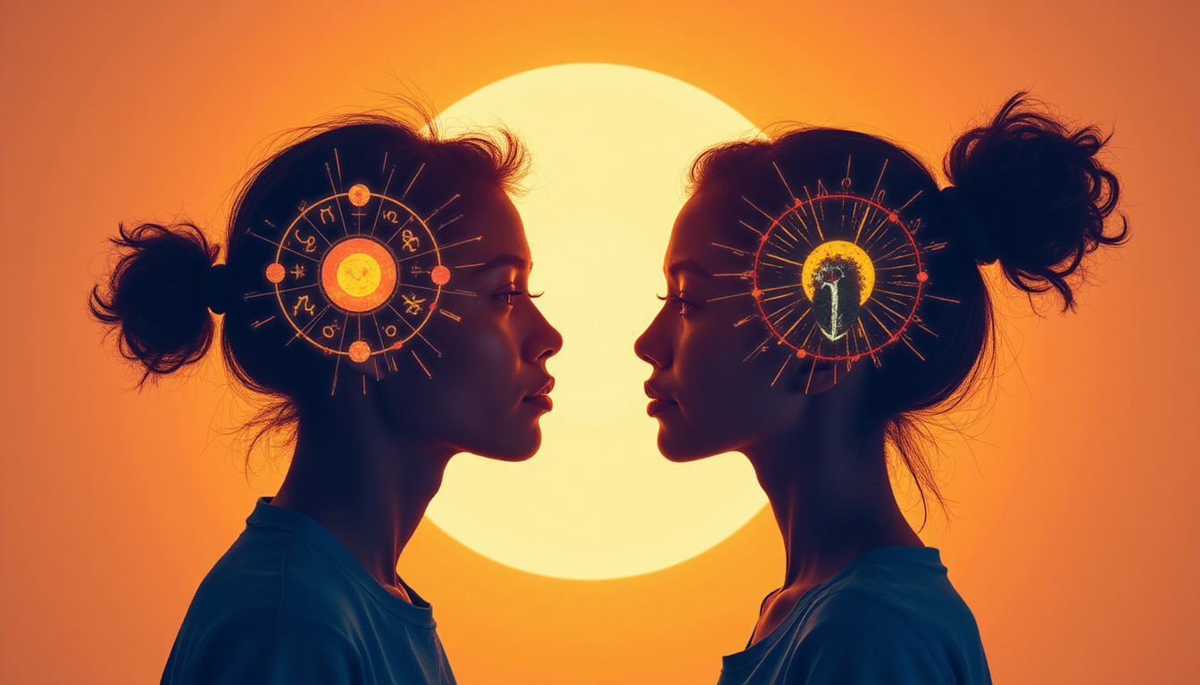 Two silhouettes mirror, zodiac symbols orbiting, warm colors showing interpersonal strengths and emotional energy