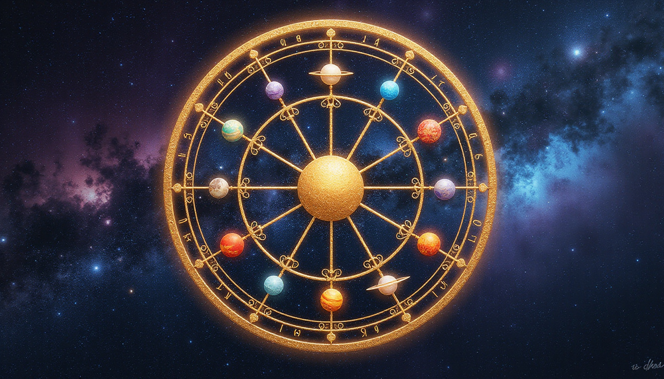 Zodiac wheel with a dense stellium of glowing planets, golden sigils, mystical nebula backdrop