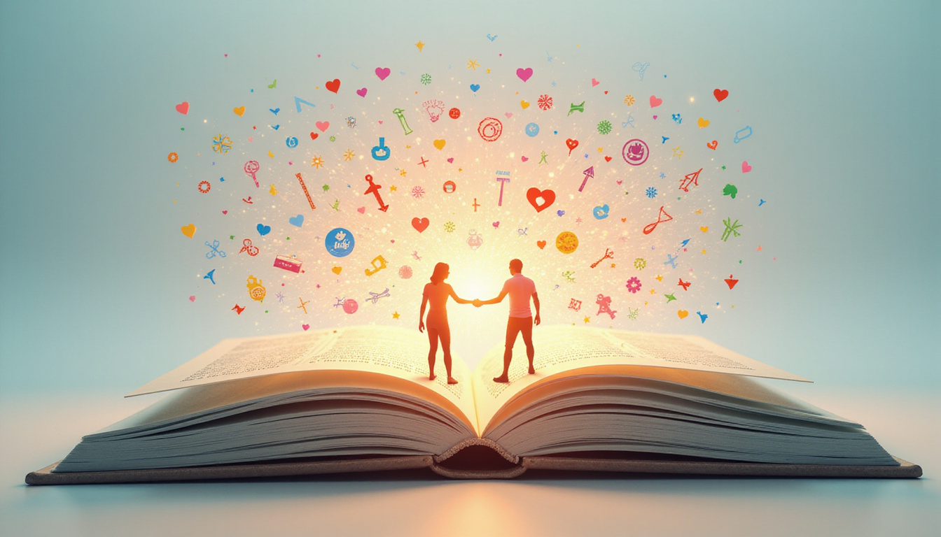 Open book titled Love Languages erupting with colorful symbols, two people reaching across pages, transformative glow