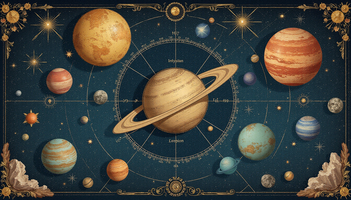 Vintage celestial map, planets illustrated, natal chart overlay, crystals, golden moonlight