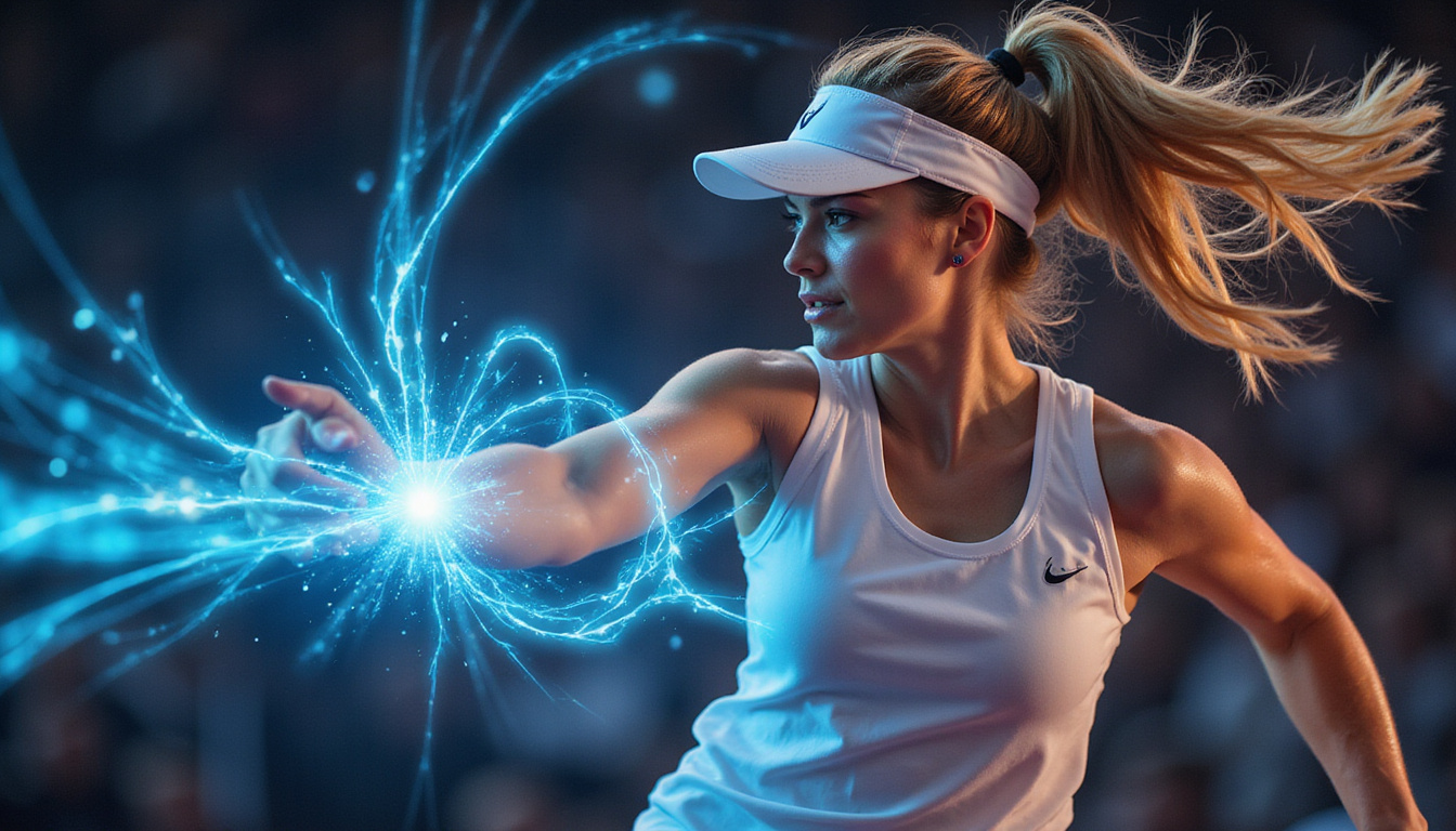  Dynamic female player mid-swing, futuristic microcurrent halo around elbow, energized, recovering, triumphant expression