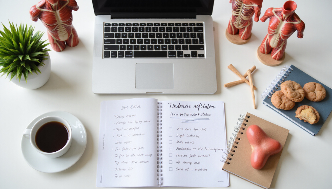 Study station with anatomy models, notes, laptop, internship checklist, coffee, motivational certificate