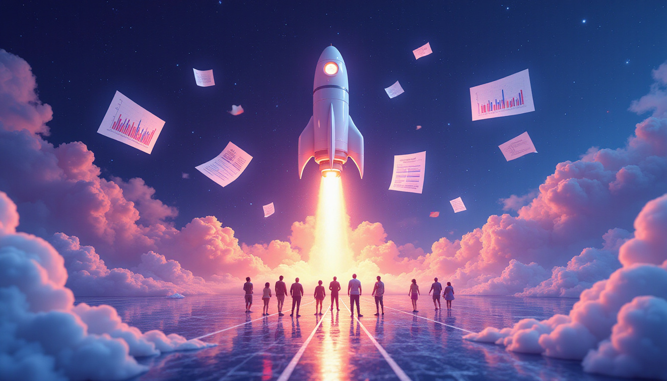 Rocket-powered content pipeline multiplying documents, team of creators, holographic analytics, vibrant colors