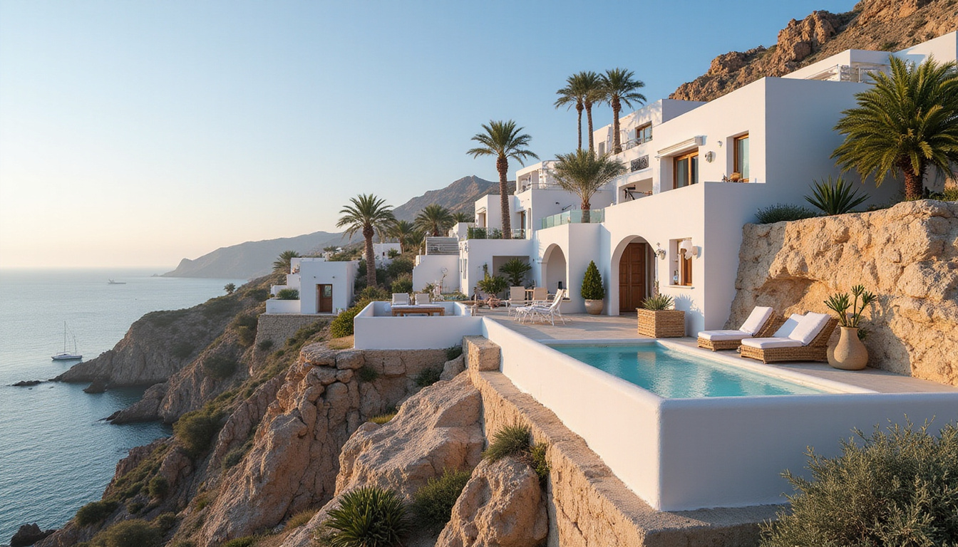  Modern whitewashed villas perched on rugged sandstone cliffs, palm trees, sailboat horizon, warm glow