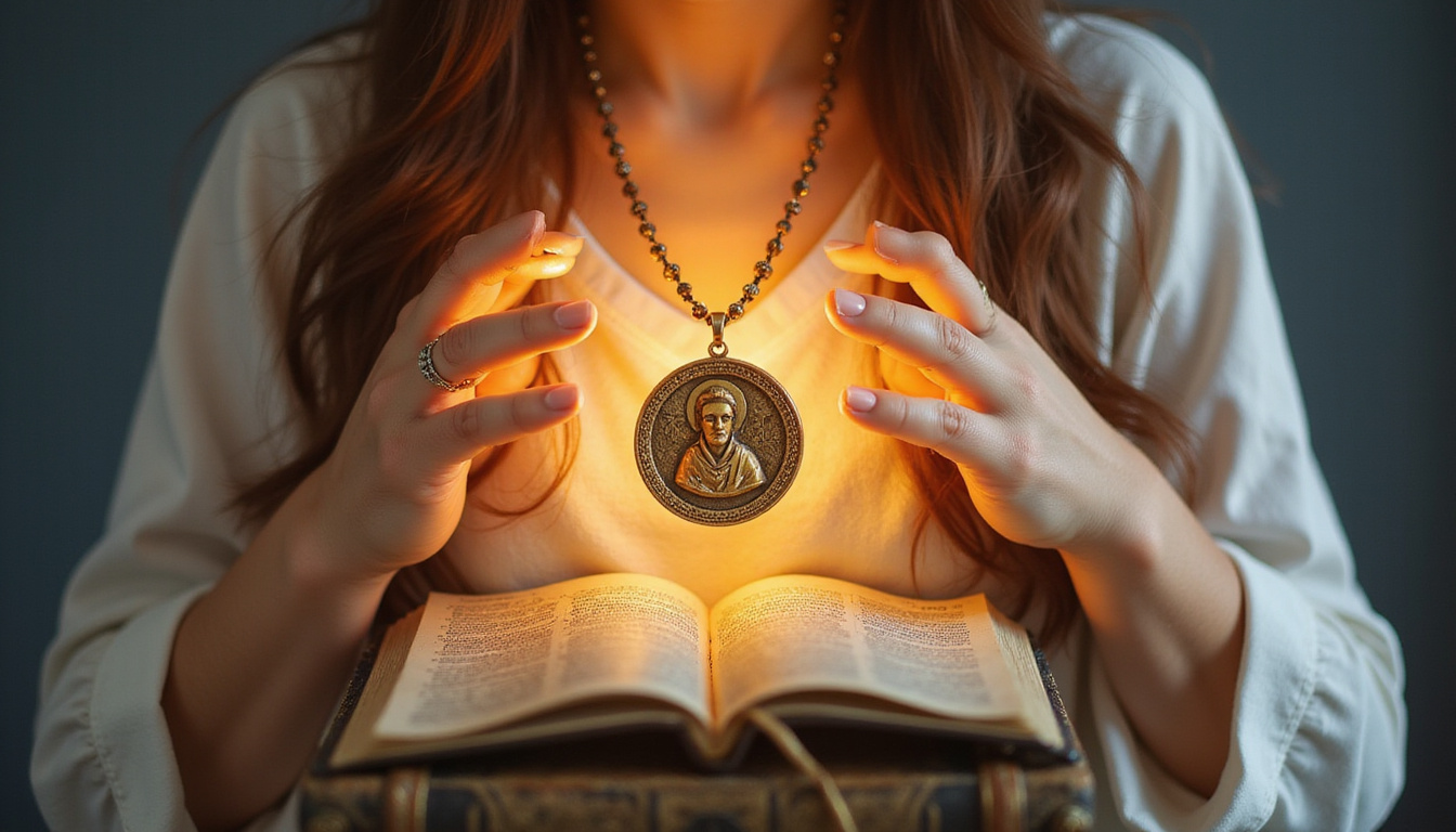  Woman wearing Saint Benedict pendant over heart, rosary and faded prayerbook, miraculous light rays