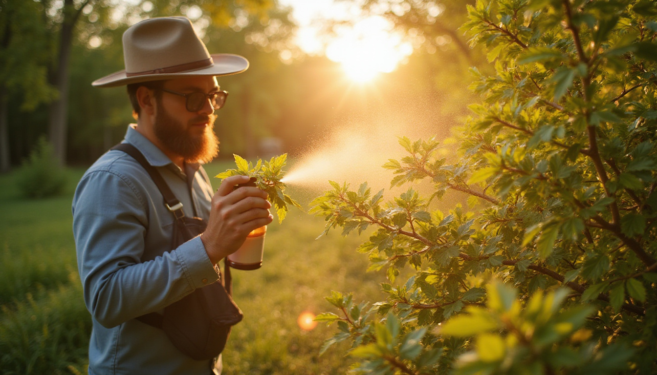  Time-lapse scene: gardener applying homemade foliar spray, myrtle leaves shimmering by dawn
