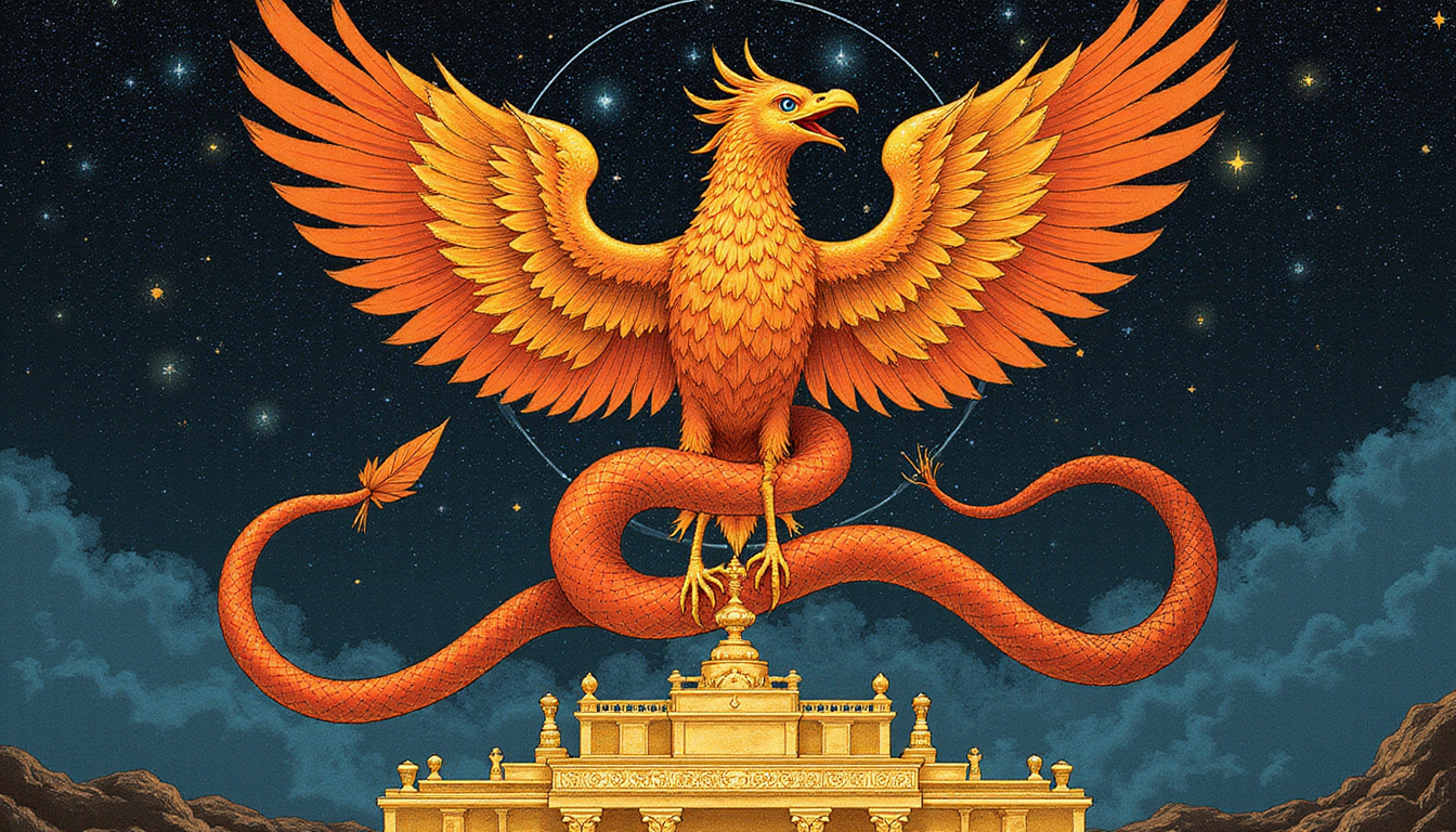  Regal phoenix and serpent entwined above golden altar, cosmic stars, ink-and-gold illuminated manuscript style
