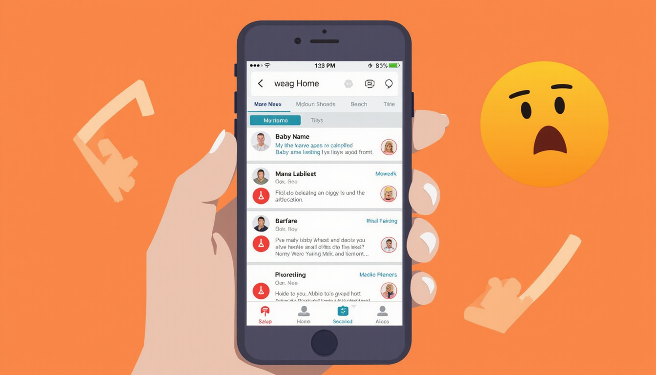  Smartphone screen showing search results for baby name meanings, red flags and shocked emojis
