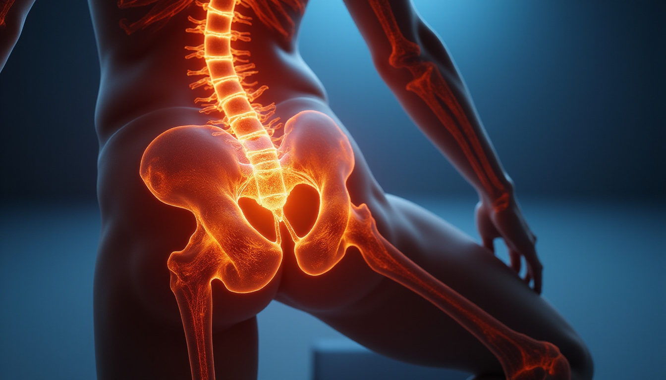 Detailed anatomical cross-section of sciatic nerve releasing tension, glowing relief, yoga pose silhouette