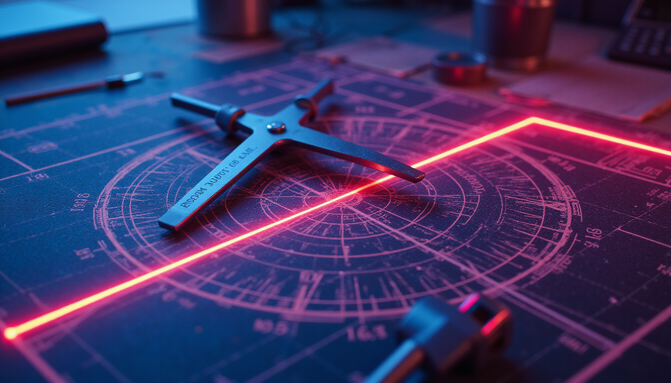 Designer workspace with T-square, compass, laser-guided grid, neon accuracy overlays, cool tones