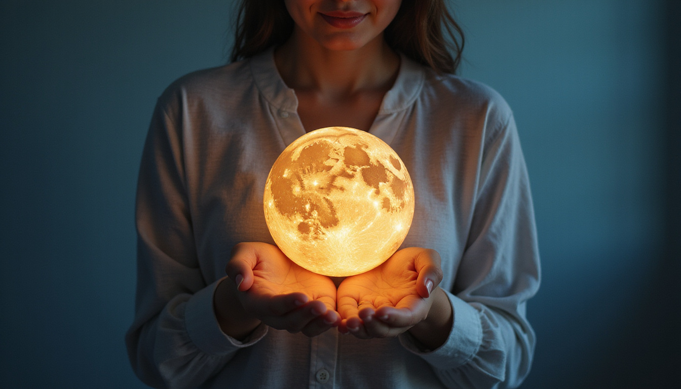  Woman holding a glowing moon heart, celestial charts and evolving tides reflecting inner transformation